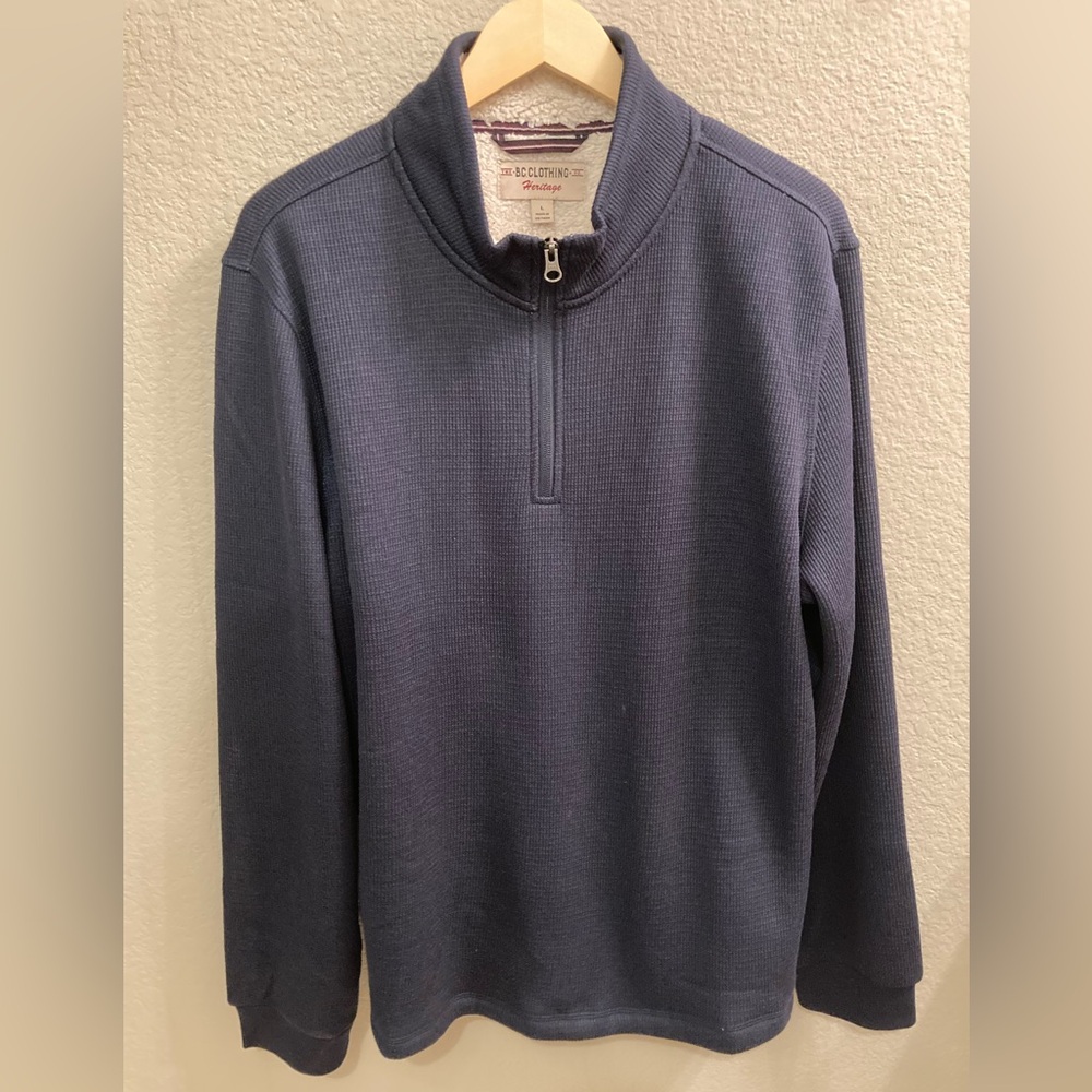 BC Clothing 1/4 zip pullover with Sherpa lining, size large, great condition